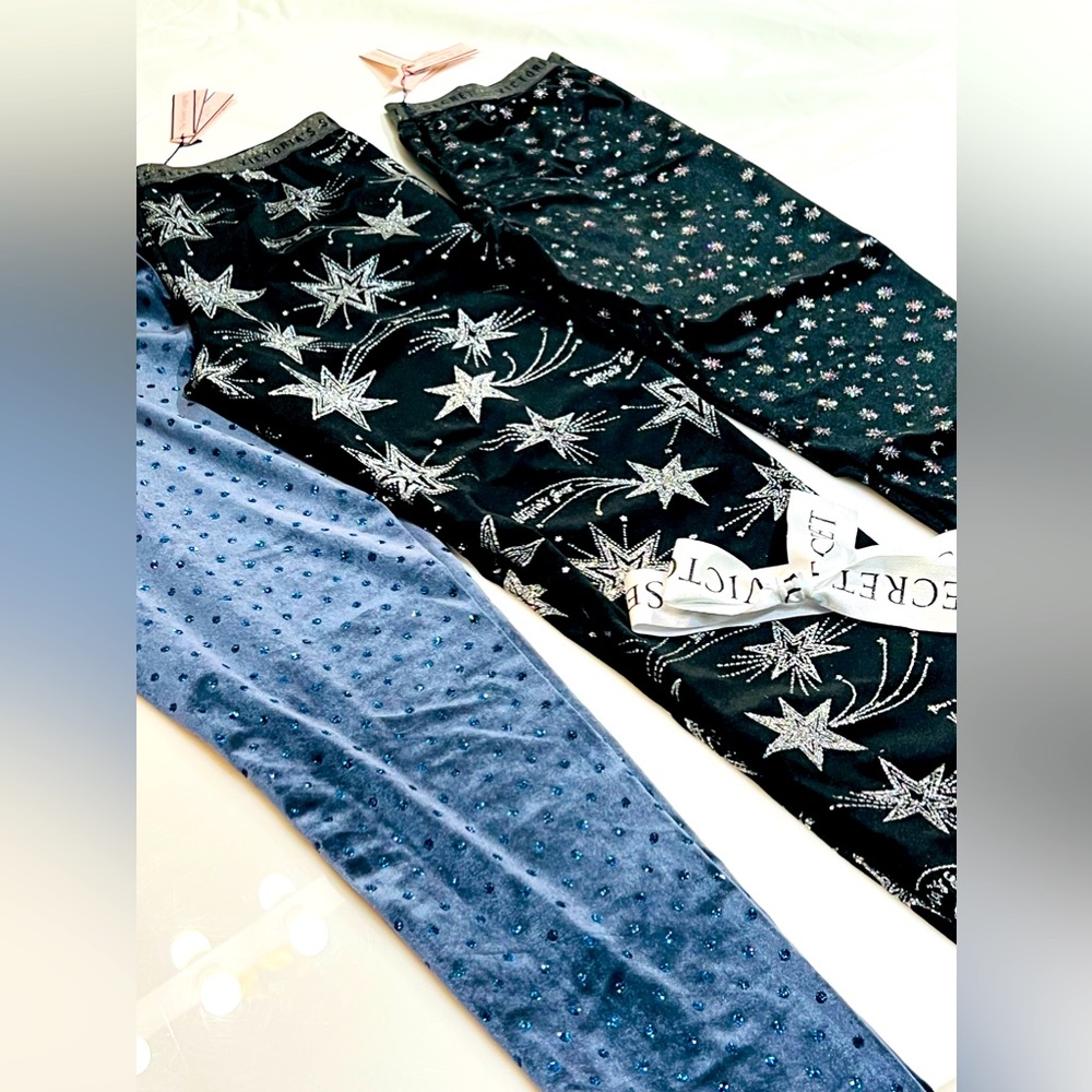 NWT Bundle Victoria Secret Velvet glitter Pajamas Leggings XS S black blue star